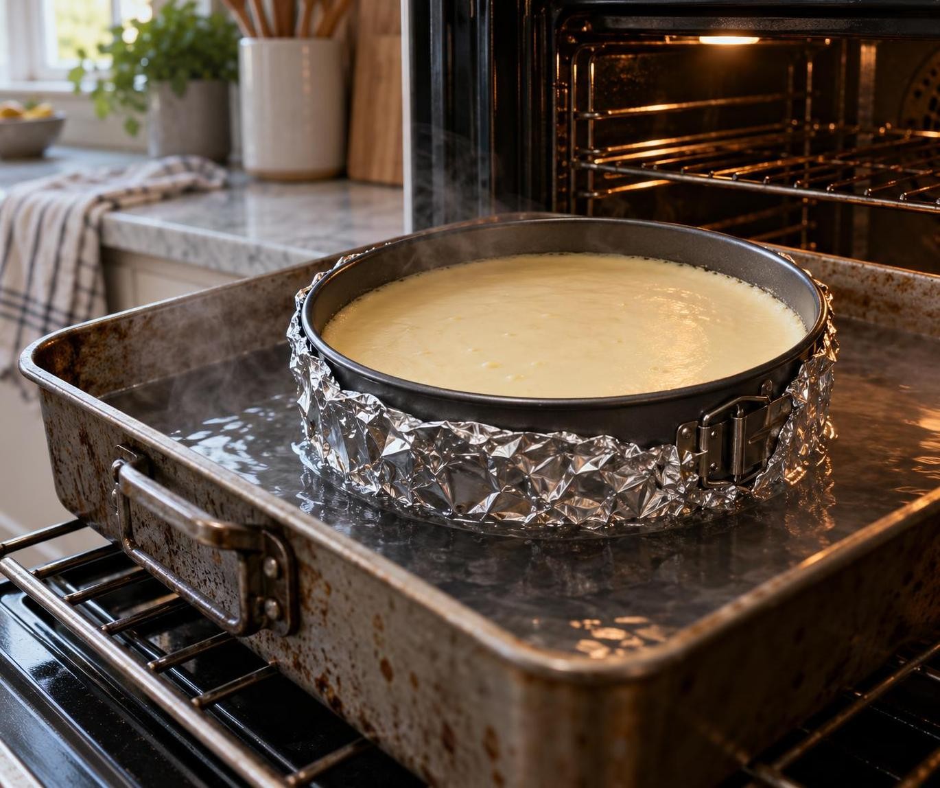 Foil-wrapped springform pan set in a roasting pan for a water bath