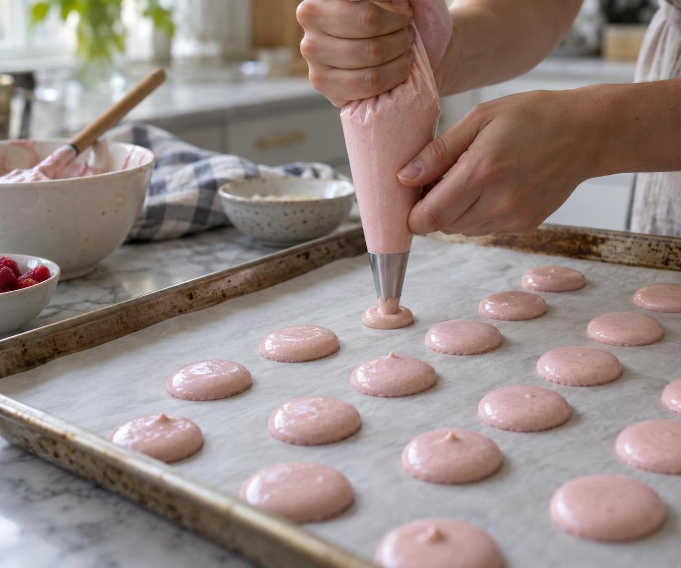 Piped macaron shells resting on parchment